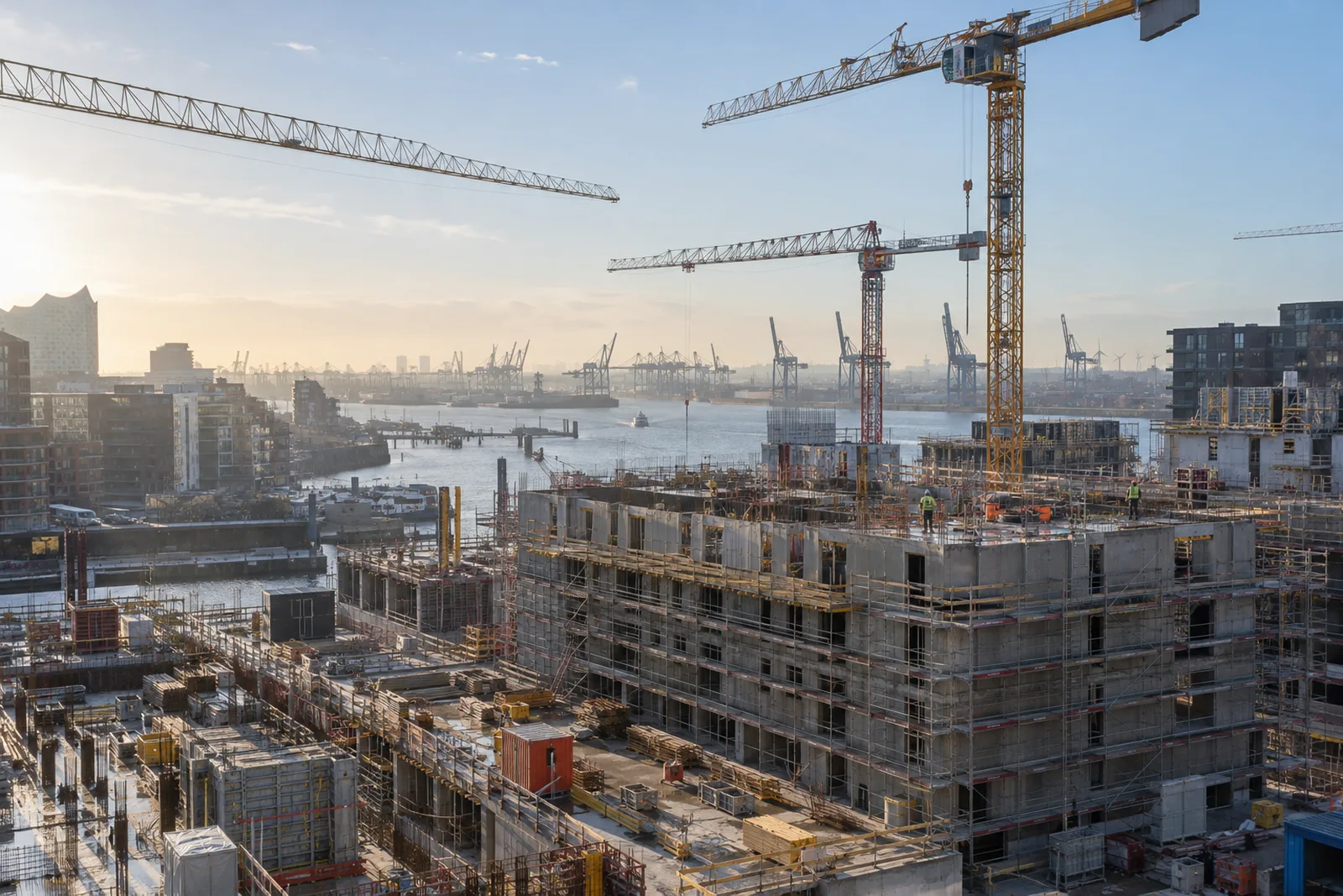 Neubau-Baustelle mit Kränen in Hamburg, im Hintergrund Elbe und Hafenkräne: Energieausweis 2027 als weiterer Kostenposten, energieausweis HAMBURG