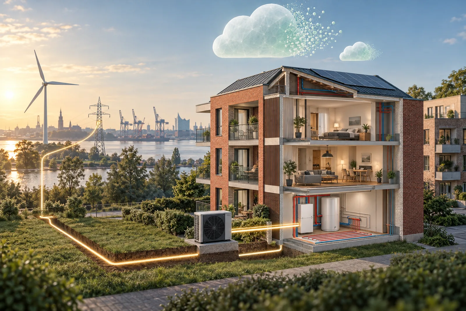 Illustration einer Wärmepumpe am Mehrfamilienhaus mit schrumpfender Emissionswolke: Rechenwert Strom im Energieausweis 2027, energieausweis HAMBURG