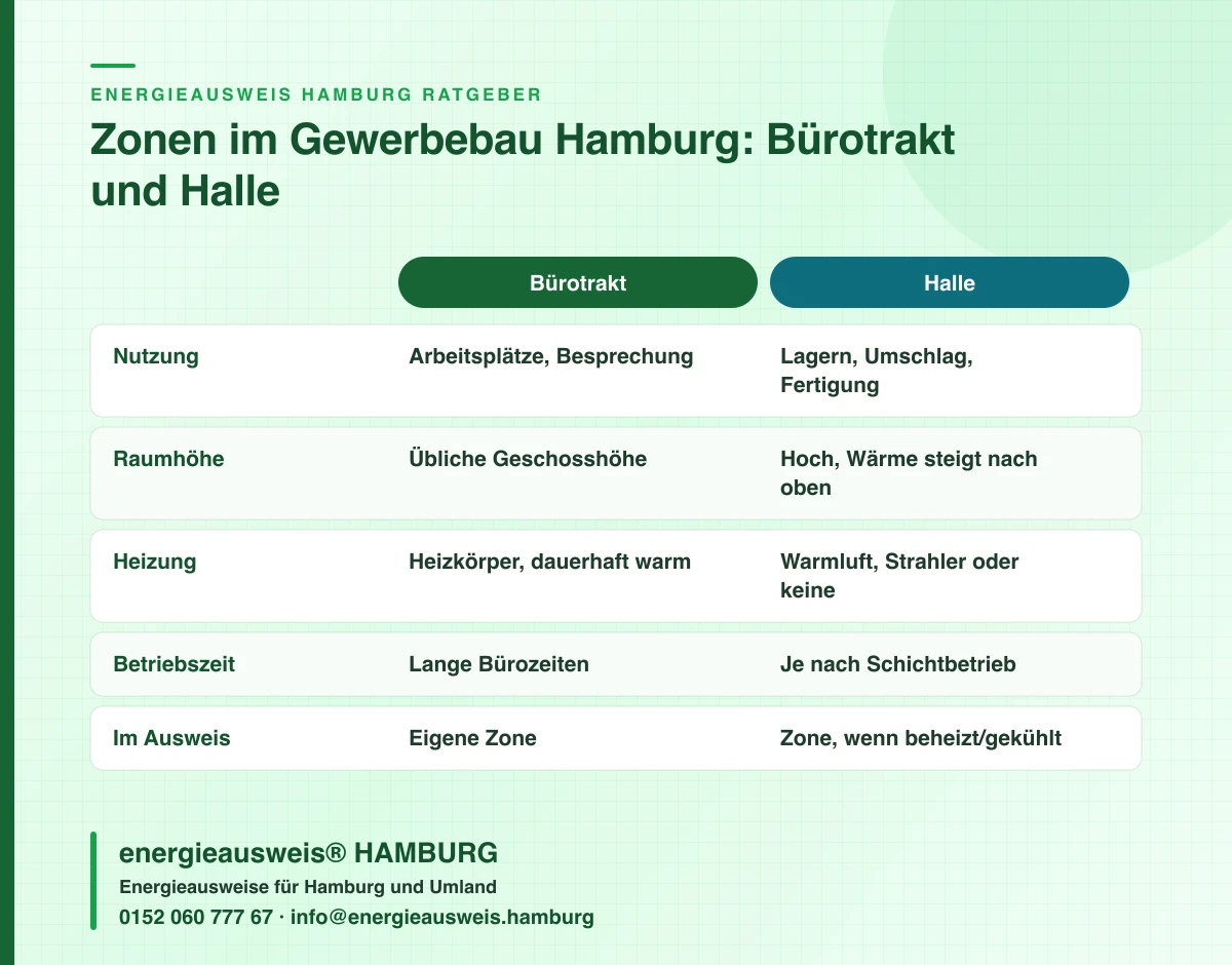 Vergleichsgrafik zu Rechenzonen im Energieausweis für Gewerbegebäude in Hamburg: Bürotrakt und Halle nach Nutzung, Höhe und Heizung, energieausweis® HAMBURG