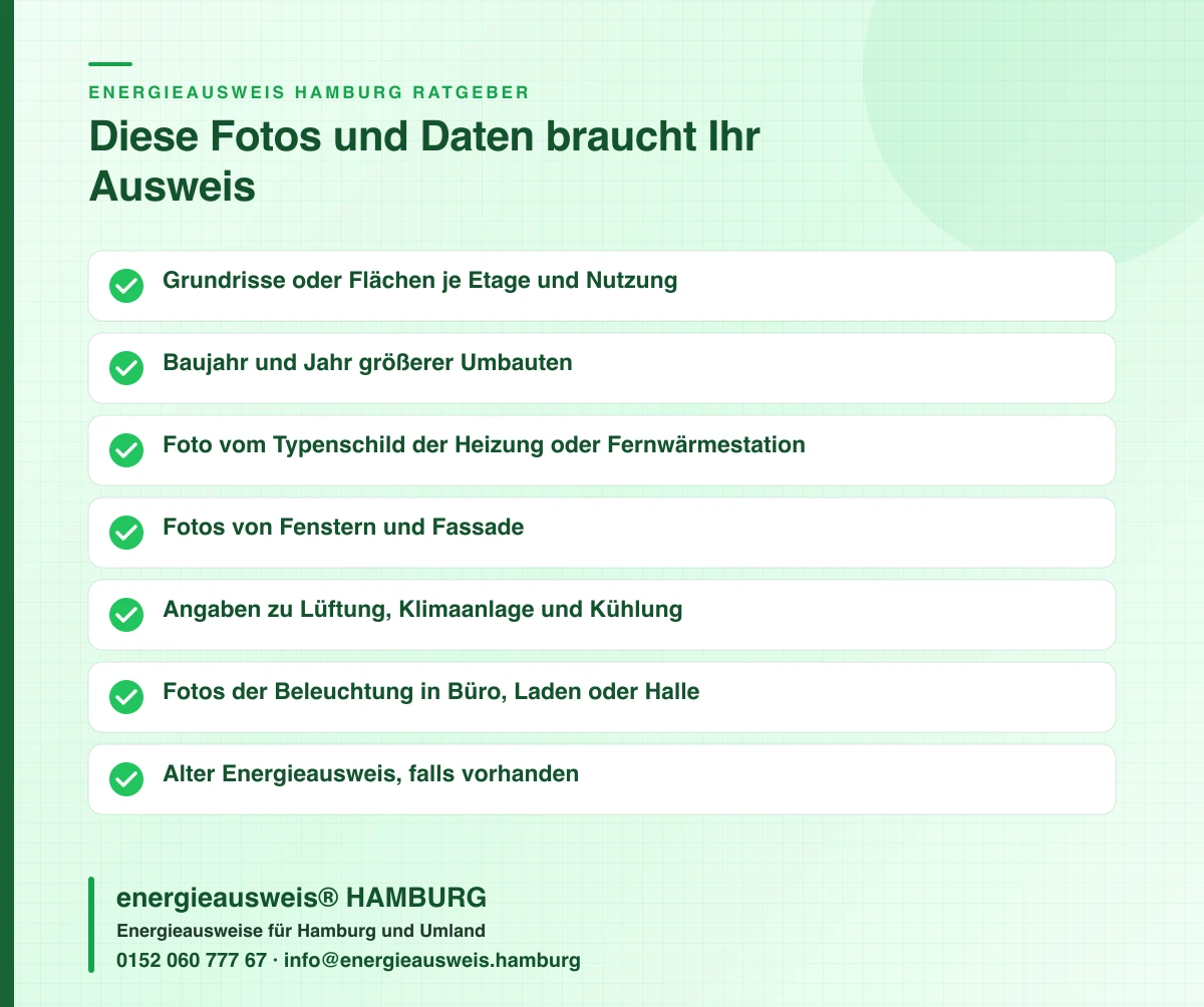 Checkliste für den Energieausweis einer leerstehenden Gewerbeimmobilie in Hamburg: Fotos und Daten für den Bedarfsausweis ohne Vor-Ort-Termin, energieausweis® HAMBURG
