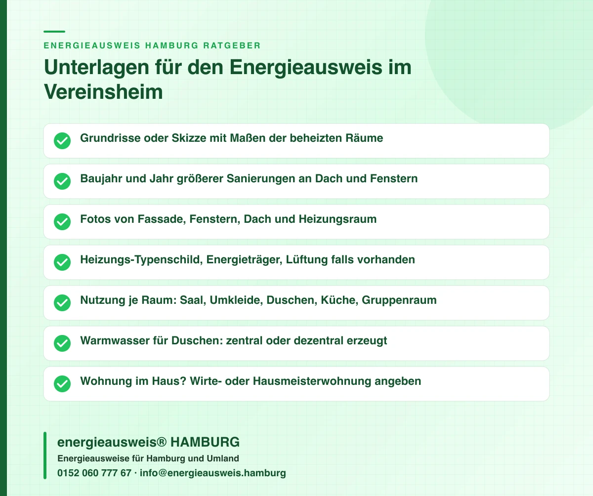 Checkliste der Unterlagen für den Energieausweis von Vereinsheim, Kita oder Gemeindehaus in Hamburg, per Foto und Telefon, energieausweis® HAMBURG